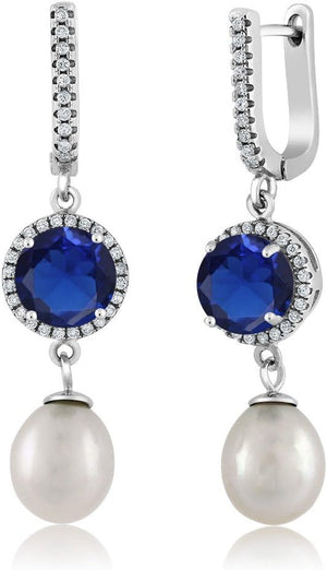 925 Sterling Silver round 8MM Gemstone Birthstone and 11X8MM Cultured Freshwater Pearl Drop Dangle Earrings for Women
