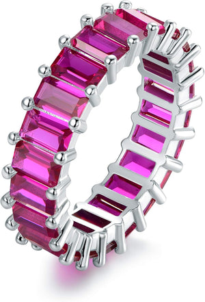 Emerald Cut Created Gemstone Eternity Ring, 18K White Gold Plated, 4 Grams, for Women