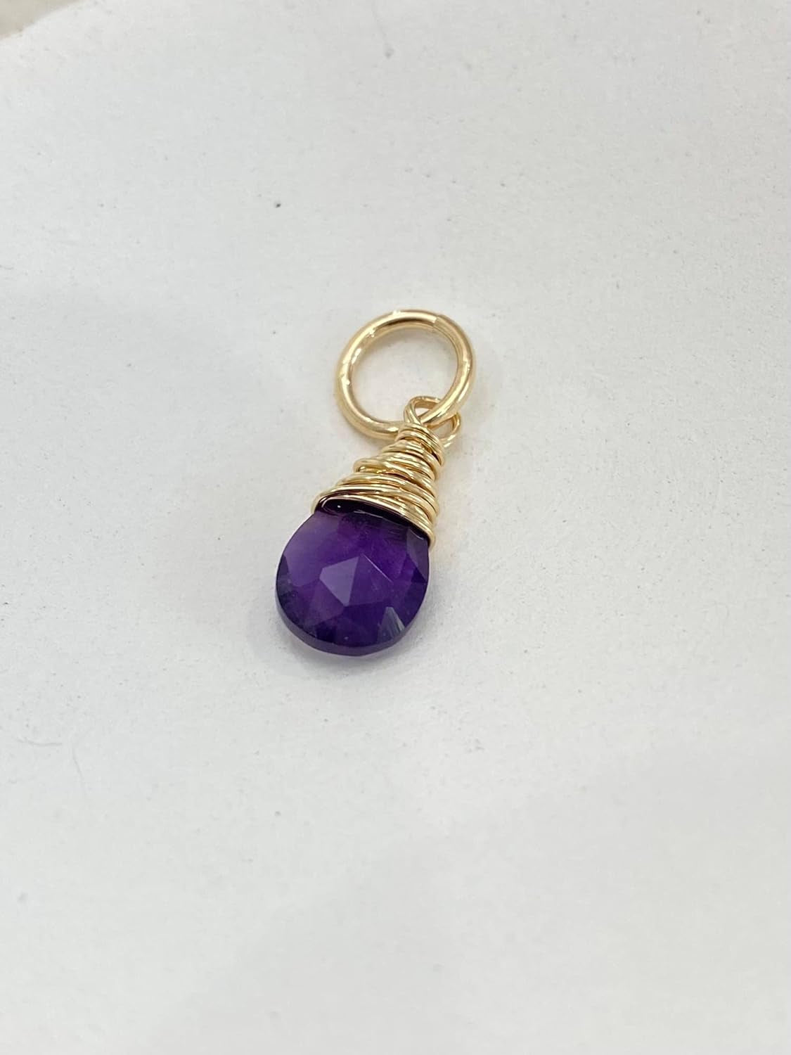 February Birthstone Charm for Necklace or Bracelet - Small Genuine Amethyst Briolette Pendant Wire Wrapped in Gold Fill