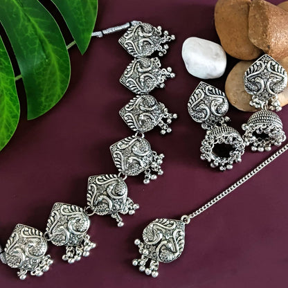 Boho Vintage Antique Ethnic Gypsy Tribal Indian Silver Oxidized Pendant Chain Statement Necklace Jewelry