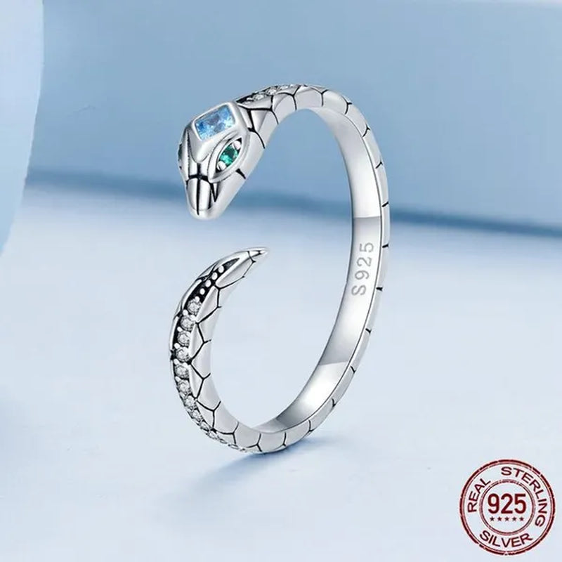 925 Sterling Silver Snake Shape Opening Ring for Women Shiny Zircon Ring
