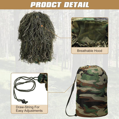5 in 1 Ghillie Suit, 3D Camouflage Hunting Apparel W/Jacket, Pants, Hood, Carry Bag for Adults/Youth, S/M/L/XL/XXL