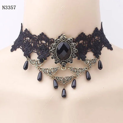 Black Lace Necklace Chokers Vintage Style Female Gothic Wedding Red Rose Crystal Diamond Pendant Collarbone Necklaces Chain Accessories for Women Girls