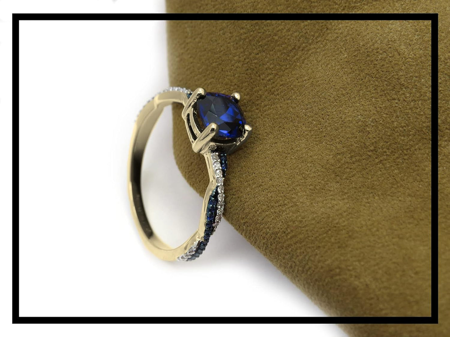 6 MM Cushion Lab Created Blue Sapphire with round Blue Sapphire & Diamond Ladies Engagement Ring | 10K Yellow Gold, Size 7