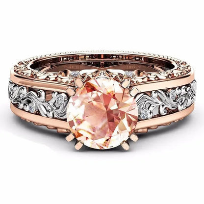 10Mm round Cut Rose & White Gold Plated 925 Sterling Silver Champagne & White Topaz Bridal Engagement Two Tone Gold Ring Size 5-11