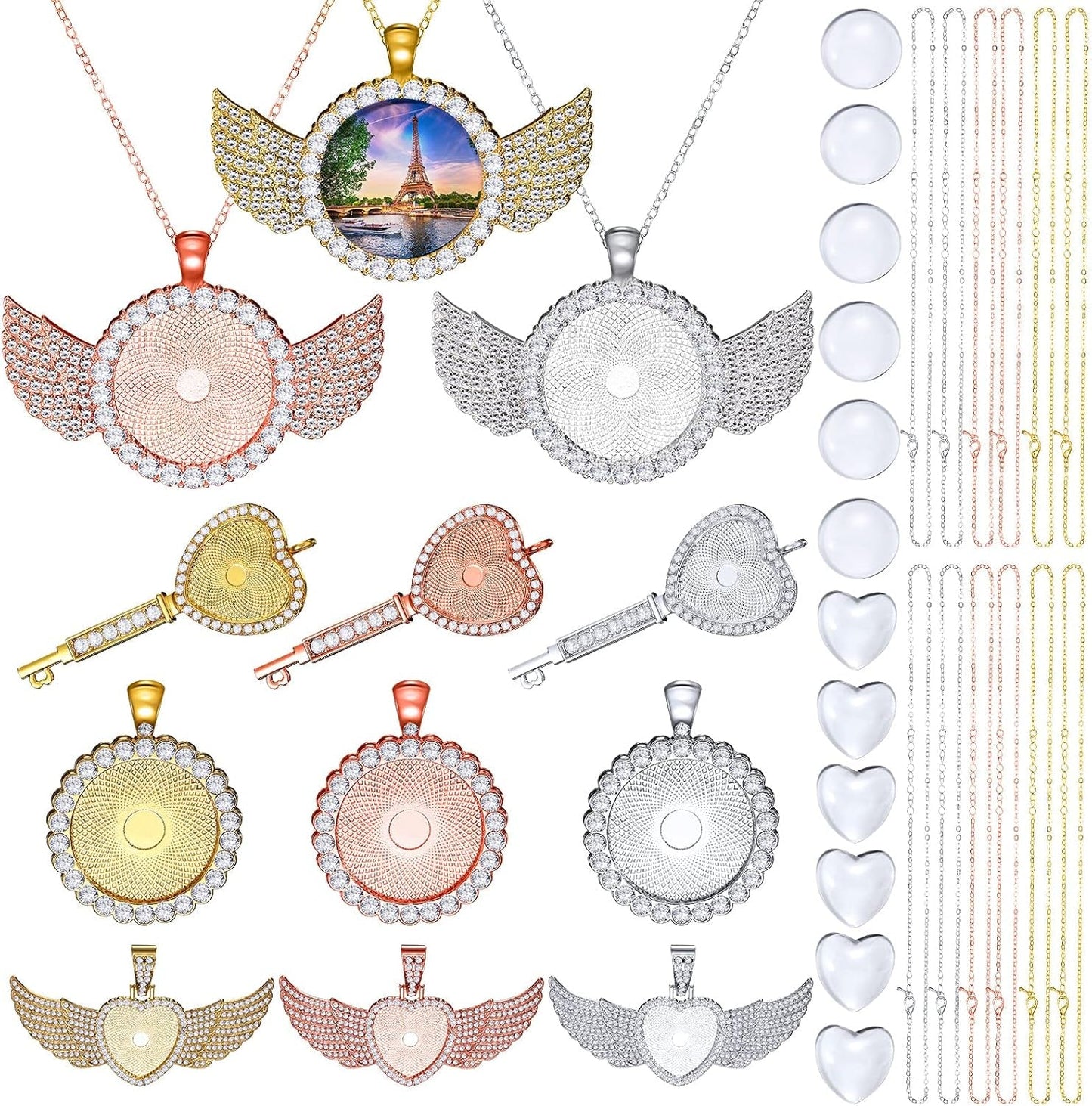 36 Pieces 25Mm Rhinestone Pendant Set, 12 Pieces 3 Shape Rhinestone Wing Bezel Pendant Tray 12 Piece Clear Glass Cabochons 12 Lobster Clasp Link Necklace Chain for DIY Jewelry Craft
