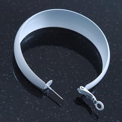 Wide Large White Enamel Hoop Earrings - 55Mm Diameter