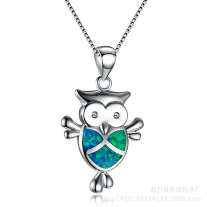 Elegant Lovely Owl White Blue Fire Opal Pendant Necklace Women 925 Sterling Silver Jewelry Gifts