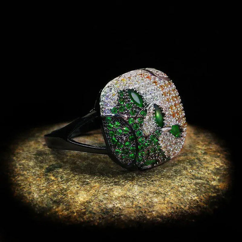 New Unique Black Gold Women's Ring Color Full Zircon Ring Jewelry 925 Silver Women's Ring Exaggerated Plant Ring