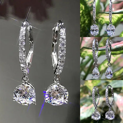Fashion Silver Plated Inlay Diamond Engagement Bridal Wedding Dangle Earring for Women Pendant Earring Anniversary Gift Jewelry