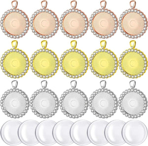 30 Pieces Rhinestone Bezel Pendant Trays Cabochon Pendant Setting Alloy with Clear Glass Cabochons for Photo Pendant DIY Jewelry Making, 3 Colors (Gold, Silver, Rose Gold)