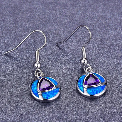 Boho Unique Round Blue Fire Opal 925 Sterling Silver Drop Earrings Amethyst Zircon Female Wedding Party Earrings Best Gift