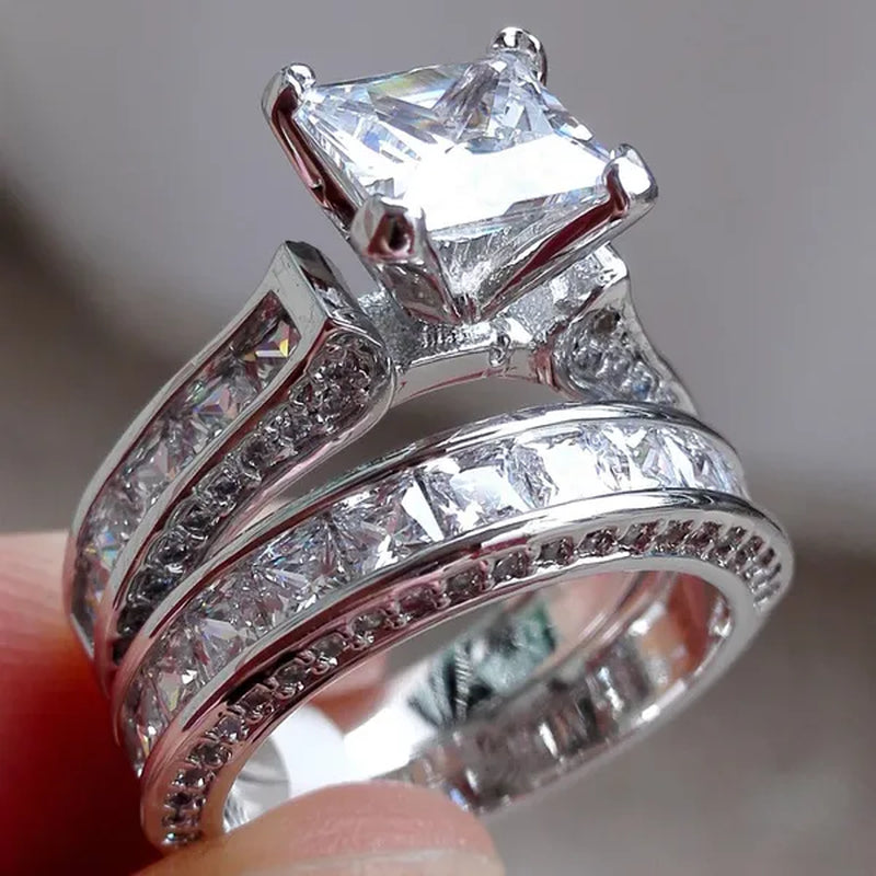 2-in-1 Womens Vintage White Sapphire Diamond 925 Sterling Silver Engagement Wedding Band Ring Set
