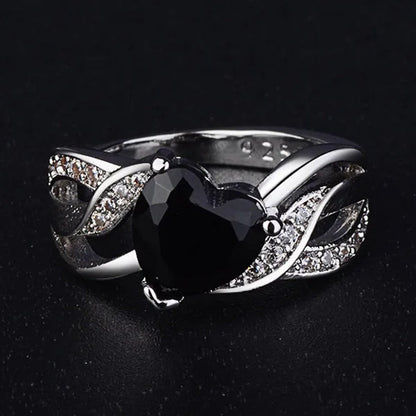 Silver Natural Gemstones Black Sapphire Heart Ring Wedding Bride Engagement Band Charm Mum Ring Jewelry Valentine's Day Gifts Christmas Gift