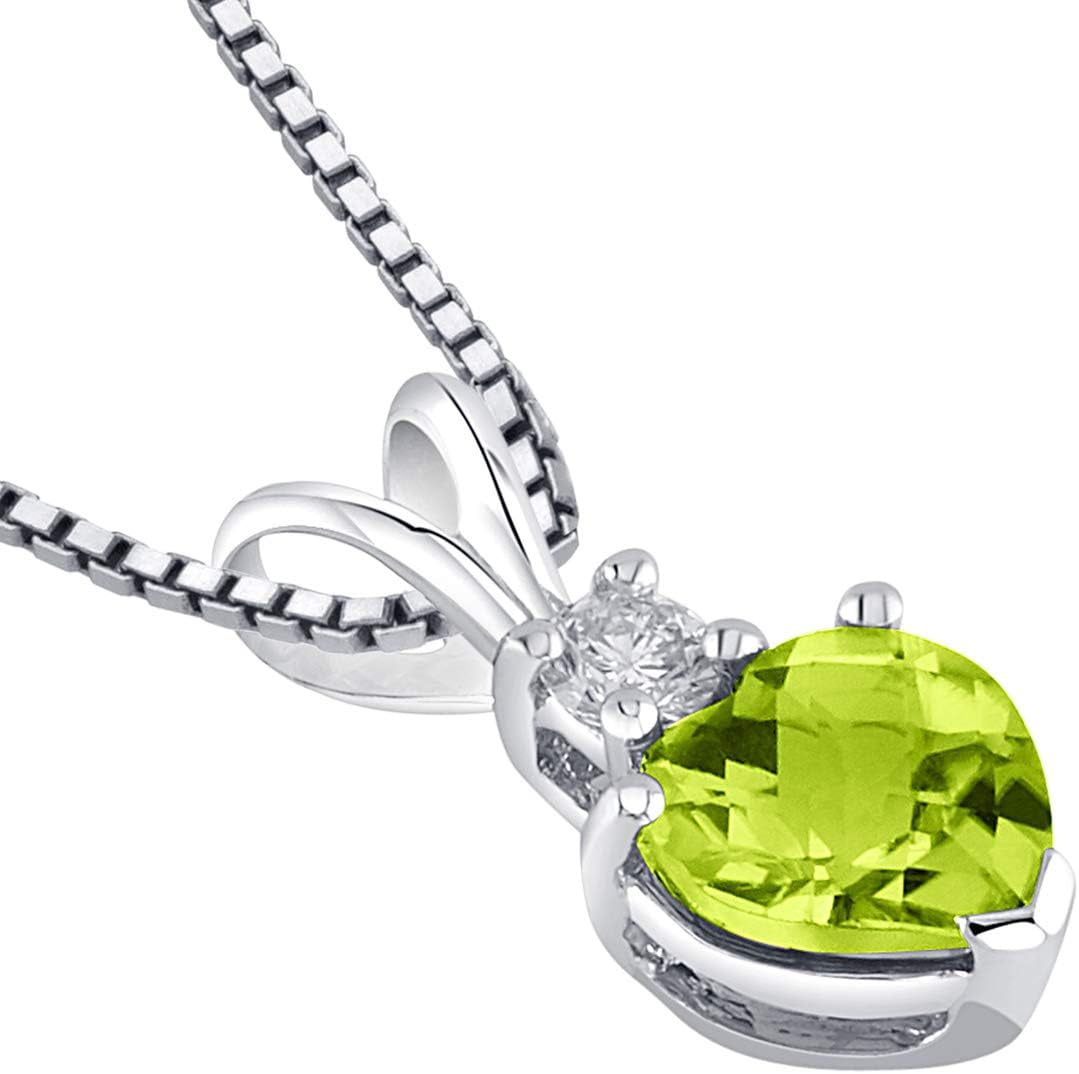 14K White Gold Peridot and Diamond Pendant for Women, Genuine Gemstone Birthstone, Heart Shape Solitaire, 6Mm, 1 Carat Total
