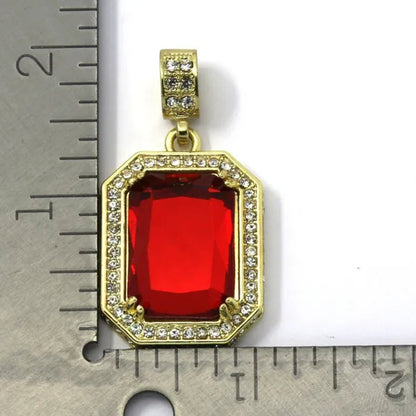 Men's 14k Gold Plated High Fashion 2 square Simulated Ruby Pendant  4mm 30" & 24" Rope chains Necklace