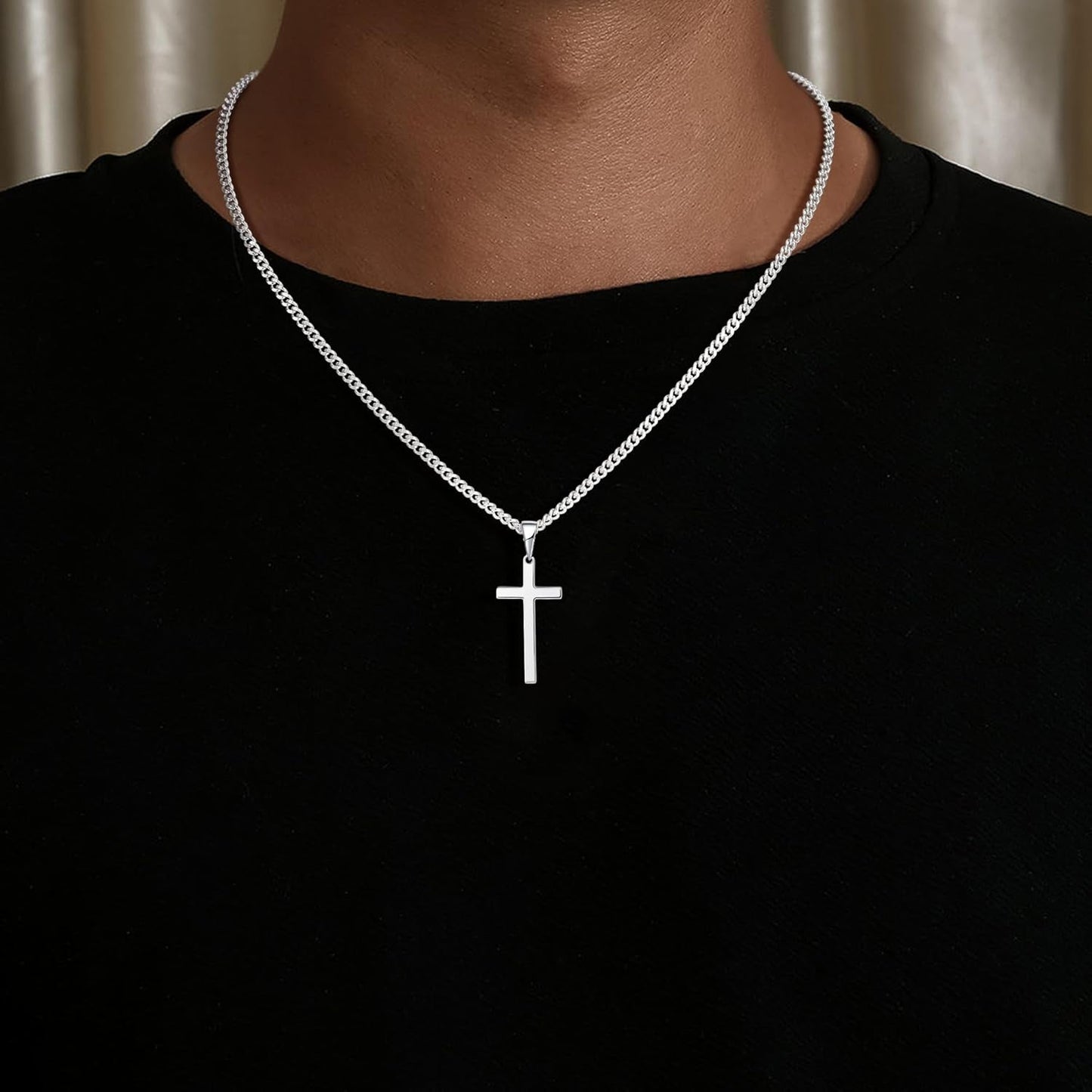 925 Sterling Silver Cross Necklace for Men, 3.5MM Diamond Cut Cuban Link Chain Silver Cross Necklace Christian Gifts for Boyfriend Father Husband
