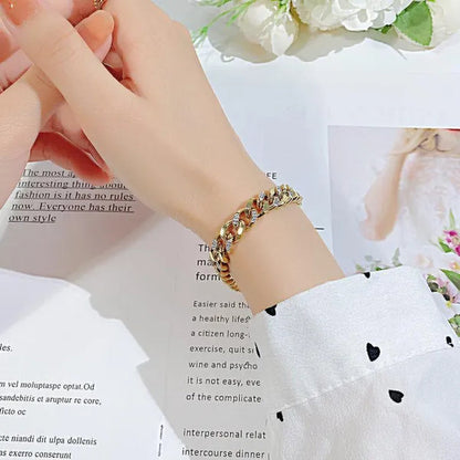 8.5Mm Wide Adjustable Curb Link Chain Bracelet Inlay Delicate Cubic Zirconia CZ Stone for Women Girls Titanium Steel Chunky Cuban Curb Chain Bracelets Bangle Lady Jewelry Silver / Gold