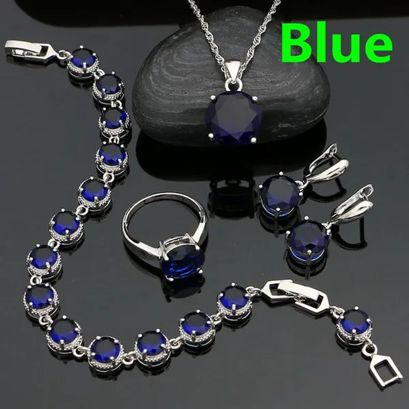 925 Sterling Silver Jewelry Set Olive Green Cubic Zirconia Retro Earrings Ring Pendant Necklace Bracelet 4Pcs for Bride