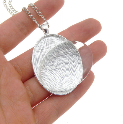 10 Sets Oval Bezel Pendant Kit with Glass Cabochon and Chain for Jewelry Making Necklace Silver 40X30Mm