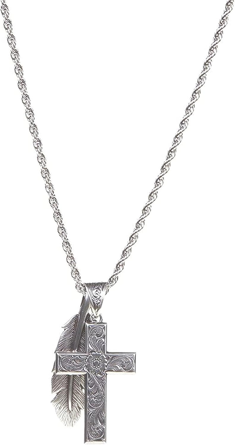 Twister Cross & Feather Necklace, Silver, 24” Chain