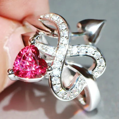 Eros Ring  Silver Natural Gemstones White Sapphire & Ruby Wedding Birthstone Bride Engagement Multilevel Heart Cross Ring Jewelry Size 6 7 8 9 10