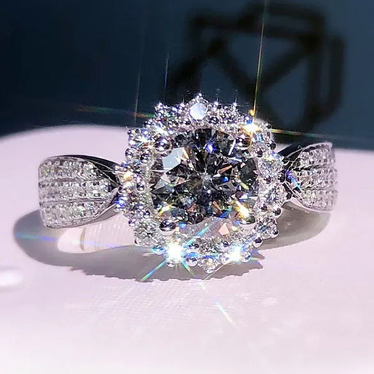 Exquisite Gorgeous 925 Sterling Silver Ring round Cut Moissanite Diamond Bridal Engagement Wedding Band Rings Women'S Birthday Proposal Party Jewelry Gift Size