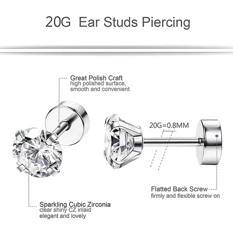 1 Pair/9 Pairs 18G Stainless Steel Ear Stud Piercing Barbell Studs Earrings round Cubic Zirconia Inlaid Body Jewelry for Women Girls Kids Christmas Present