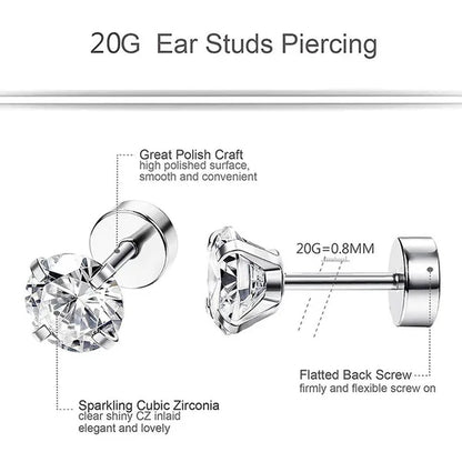 1 Pair/9 Pairs 18G Stainless Steel Ear Stud Piercing Barbell Studs Earrings round Cubic Zirconia Inlaid Body Jewelry for Women Girls Kids Christmas Present