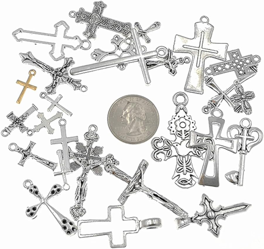 Christian Cross Charm Assorted Alloy Crucifix Pendant Connector for DIY Necklace Bracelet Jewelry Making Accessaries(25Pcs,Antique Silver)