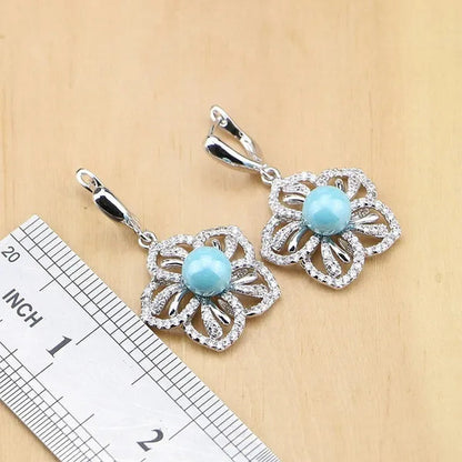 Flower 925 Silver Jewelry Set Blue Pearl with Beads Pendant Drop Earrings Rings Necklace for Women