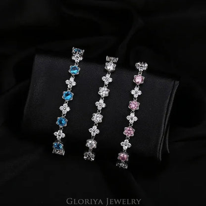 Gloriya Elegant Goddess Silver Plated Link Bracelet Cluster Flower Shape White and Blue AAA Grade Zircon Charm Tennis Bracelet for Women