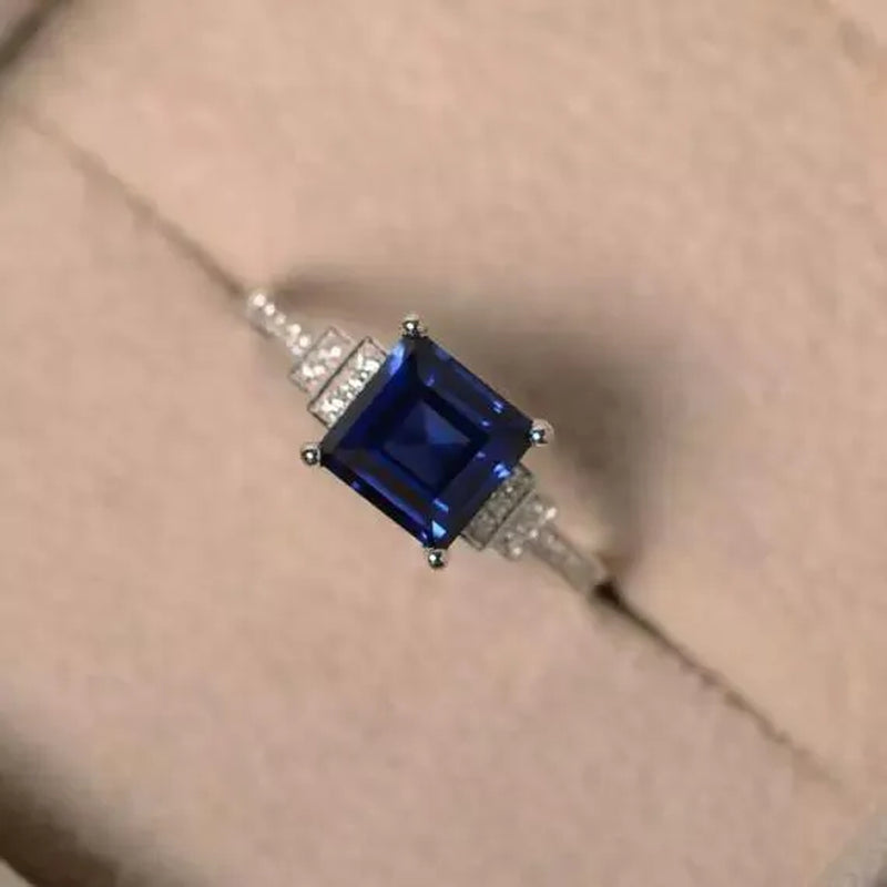 Fashion Jewelry Gemstone 925 Sterling Silver Diamond Cut Square Sapphire Ring Women Size：5-10