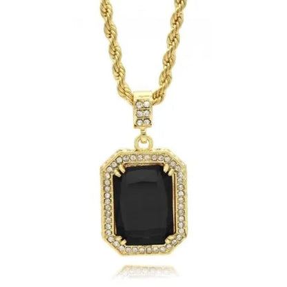 Mens Hip Hop 14K Gold Plated Simulated Black Ruby Pendant 24" 4Mm Rope Chain