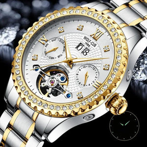 WOLF-CUB New Men Luxury Diamond Watch Full Gold Watch Tourbillon Mechanical Watch Automatic Watch Stainless Steel Waterproof Luminous Relogio Masculinos