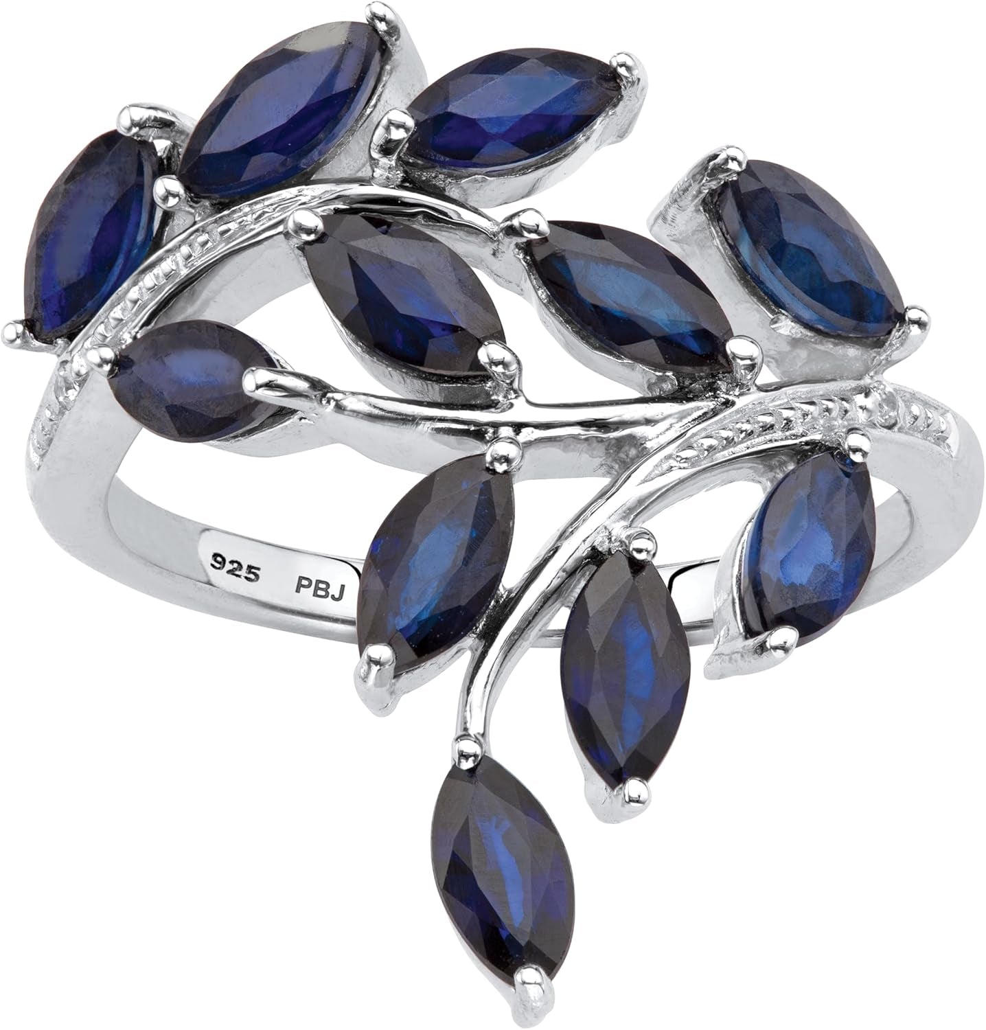 Platinum over Sterling Silver Marquise Cut Genuine Blue Sapphire and Diamond Accent Leaf Ring