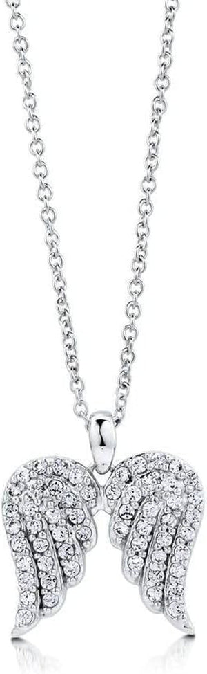 Sterling Silver Angel Wings Cubic Zirconia CZ Fashion Pendant Necklace for Women, Rhodium Plated