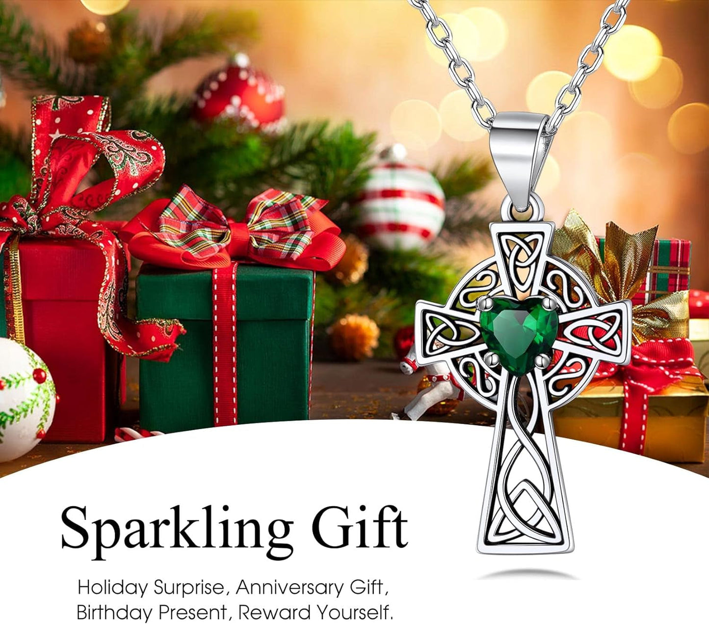 Vintage 925 Sterling Silver Celtic Cross/Triquetra Necklace with 12 Month Heart Gemstone, Dainty Heart Birthstone Necklace Faith Irish Amulet Lucky Jewelry Birthday Gift for Women Girls…
