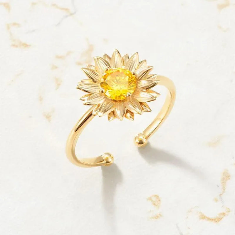 Luxury Fashion silver-plated Crystal Sunflower Diamond Ring Natural Water Drop Citrine Rings Ladies Elegant Glamorous Party Finger Jewelry Party Bride Wedding Engagement Ring Anniversary Gift