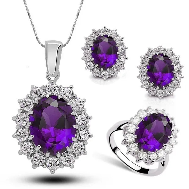 Fashion Natural 925 Silver Sapphire Ring Earring Necklace Set Ladies High-End Crystal Diamond Three-Piece Set Women'S Wedding Jewelry Party Gift Europe and America