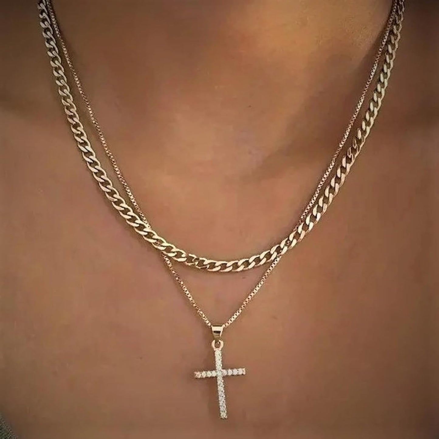 Cross Necklace for Women,Stackable Stacked Stacking Layering Layered Necklaces Dainty Gold Necklace Paperclip Box Flat Mariner Chain Necklace Cross Pendant CZ Diamond Simple Jewelry Gift