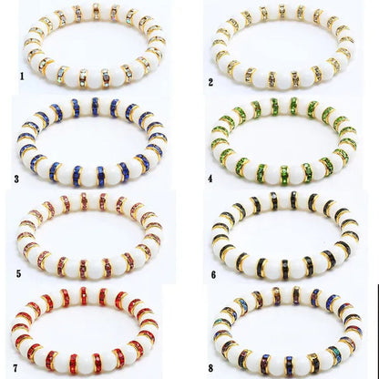 Natural Stone Pink Crystal Quartz &White Porcelain Rhinestones Bracelets & Bangles Charm Powder Beads Strand Bracelet Love Gifts for Women Men Casual Jewelry