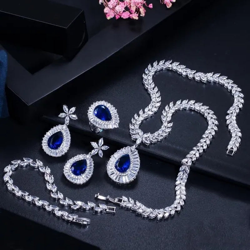 CANDICE Luxurious CZ Wedding 4 Pcs Set for Bridal Sparkling Water Drop Blue Zirconia White Gold Plated Necklace Earrings Bracelet Ring Sets