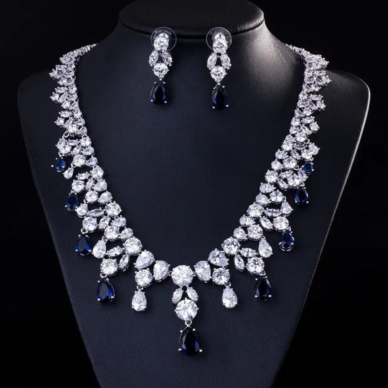 Gloriya Luxury Wedding Bridal Party Jewelry Set for Women White Gold Plated Red Cubic Zirconia Tear Drop Earrings Necklace Sets