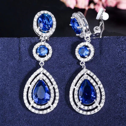 CANDICE Red Pear Cut Crystal Long Dangle Earrings without Piercing Women CZ Non Hole Clip on Ear Jewelry Bridal Accessories
