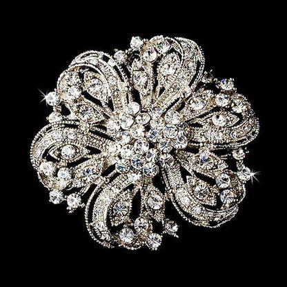 Crystal Rhinestone Flower Brooch - Silver Twisted Petals - DIY Wedding Bridal Bouquet & Bridesmaid Brooch Pins