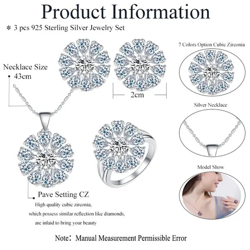 Gloriya Shining Purple Stone Sun Flower Pendant Necklace Earrings Ring Set For Women Newest Silver Color Jewelry