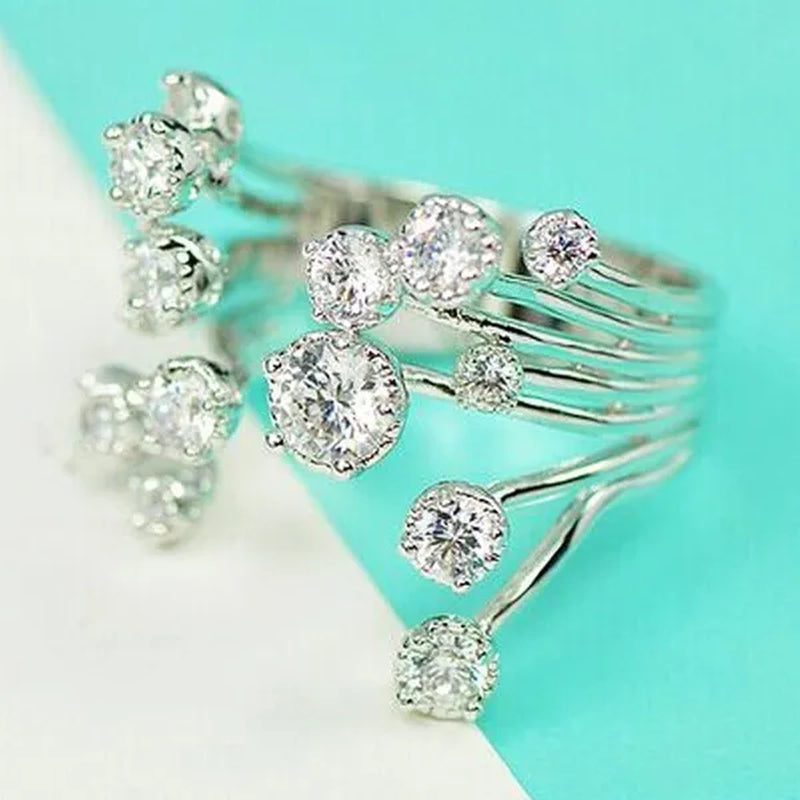 Gorgeous  Silver Crown Natural Gemstones White Sapphire Birthstone Bride Wedding Engagement Multilayer Rose Flower Ring Size 6 7 8 9 10