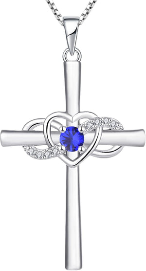 Women'S Cross Necklace Sterling Silver Infinity Heart Crucifix Pendant Birthstone Criss Jewelry