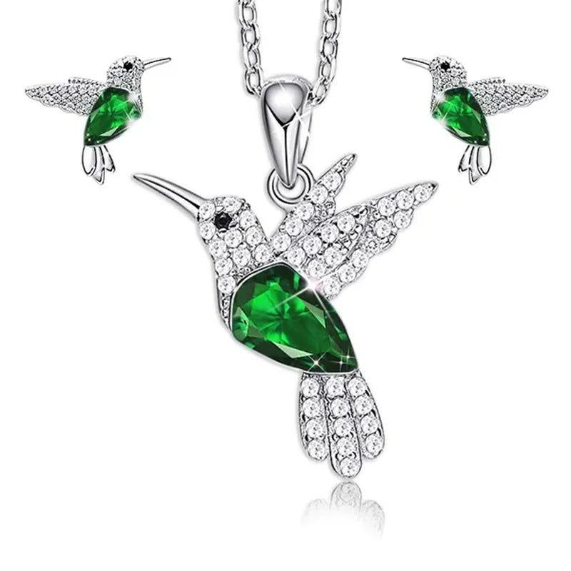 Hummingbird Silver Jewelry Set Women Pendant Necklace and Stud Earring Set Crystalsfine Animal Jewelry, Gift for Mothers Day